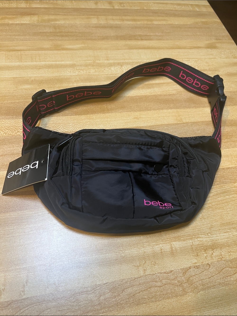 #3491**bebe Sport Black Nylon Belt Bag with Pink Logo